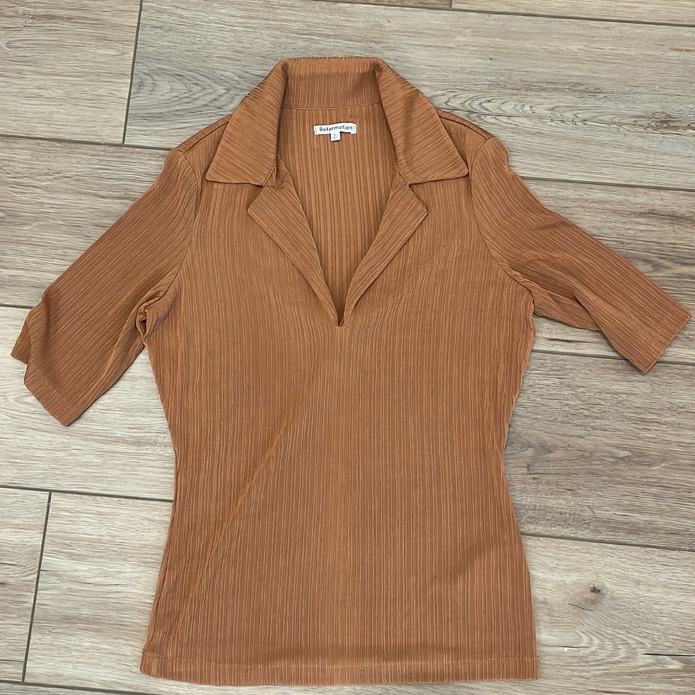 Reformation | Thomas Caramel Ribbed Collared Top - Picture 4 of 4